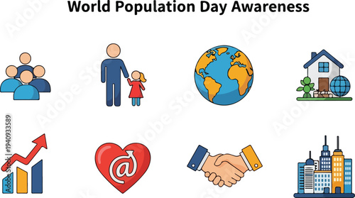 Colorful icons related to global population including people globe and buildings