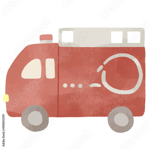 水彩風で描いたかわいい消防車イラスト｜消防・緊急車両・防災・火災・サイレン・消防活動・ベクター