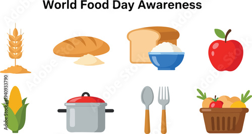 Displays illustrations of food items wheat bread flour rice apple corn pot silverware basket of produce