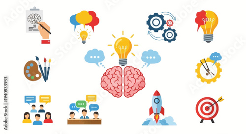 Brainstorming and Idea Generation Concept with Icons of Creativity, Innovation, and Problem Solving