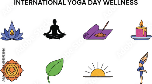 Eight colored icons related to yoga on white Top flower silhouette meditating yoga mat burning candle Bottom mandala leaf sunrise yoga pose