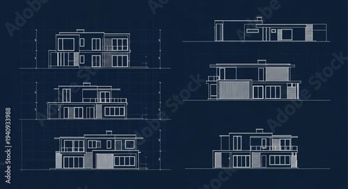 Modern House Architectural Blueprints Showing Multiple Views.