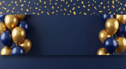 Festive gold deep navy blue balloons border dark background with falling confetti, for luxury celebration, anniversary, elegant party invitation design space