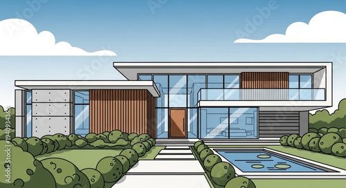 Modern Luxury House with Swimming Pool and Lush Garden.