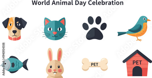 Flatstyle illustration with animal icons dog cat paw bird fish rabbit bone pet house text World Animal Day Celebration