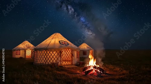 Traditional Yurts Under a Starry Night Sky with Campfire.