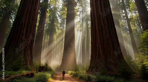 Majestic Redwood Forest Path Bathed in Golden Sunbeams.