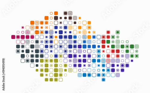 Czechia, shape of the country build of colored cells. Digital style map of the Czechia on white background. Large size rounded square blocks. Plain vector illustration.
