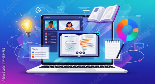 Online learning concept with laptop and educational elements.