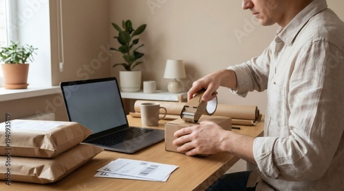 Man packaging parcels with tape dispenser in front of laptop computer at desk, preparing shipment for e-commerce business
