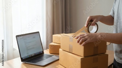 Person taping cardboard boxes on a wooden desk, managing online orders with a laptop, symbolizing efficient e-commerce operations and the growth of small businesses in a modern digital economy