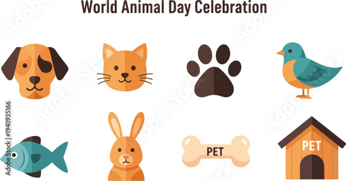 Illustration for World Animal Day celebration Features dog cat paw print bird fish rabbit bone and pet house