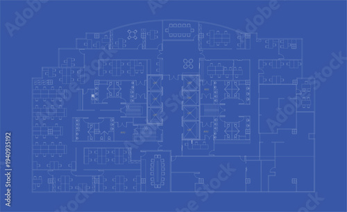 Concept Office Building Floor Plan Blueprint Showing Workspaces, Meeting Rooms and Elevators