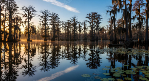 Misty cypress swamp at sunrise with Spanish moss hanging from trees and reflections in the calm water serene natural landscape