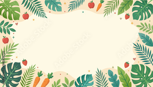 Hand drawn tropical leaves and fresh organic fruits vegetables frame background. Nature healthy lifestyle food concept for banner and poster