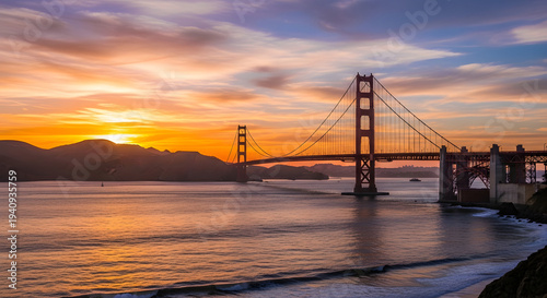 Golden Gate Bridge at sunset iconic California landmark with dramatic sky and ocean reflection perfect for travel and tourism concepts