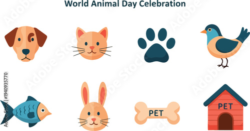 Image shows icons of pet animals dog cat paw bird fish rabbit bone doghouse