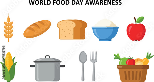 Image titled World Food Day Awareness with food illustrations wheat bread rice apple corn pot spoon fork vegetables