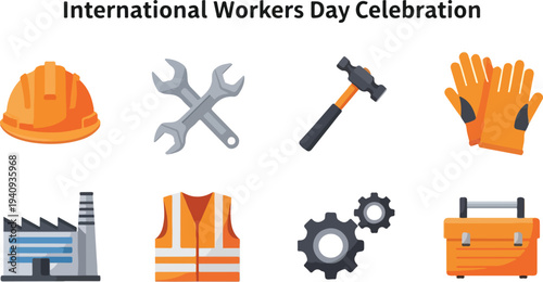 Image with worker icons helmet wrench hammer gloves factory vest gears toolbox