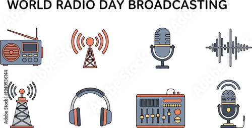 Radio Day illustration with broadcasting elements radio antenna microphones sound wave headphones mixer