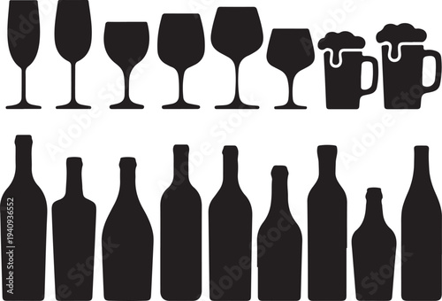 Black silhouettes of wine glasses and bottles on white background beer mugs