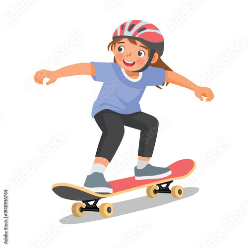 Little girl riding skateboard wearing helmet
