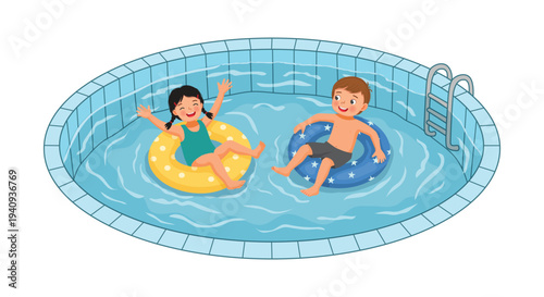 Two kids playing in the swimming pool sitting on swim tube