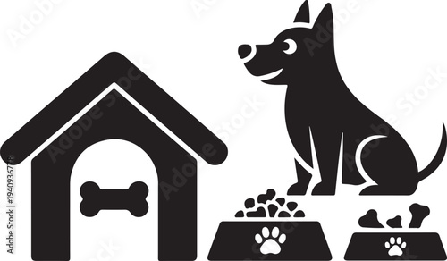 Black dog sitting next to doghouse and food bowls white