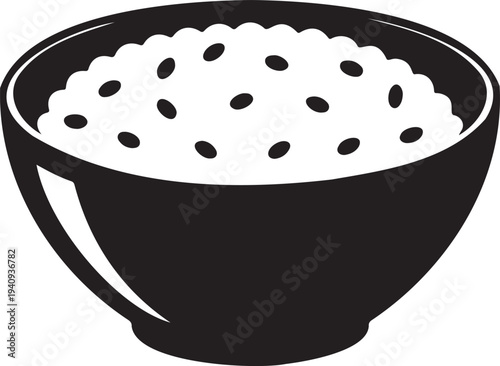 Black and white of a cup filled with porridge bowl oatmeal