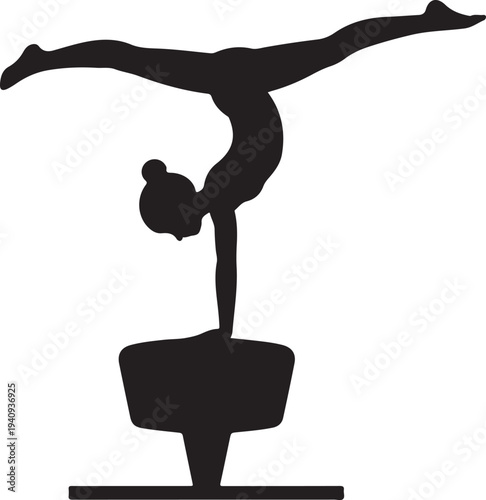 Gymnast doing handstand on balance beam silhouette black