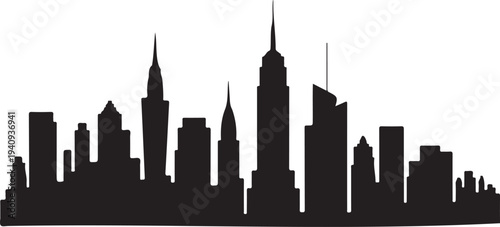 Black silhouette of a city skyline with tall buildings skyscrapers