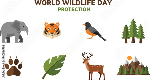 Vector graphic with animals trees mountains leaf paw print and text World Wildlife Day Protection