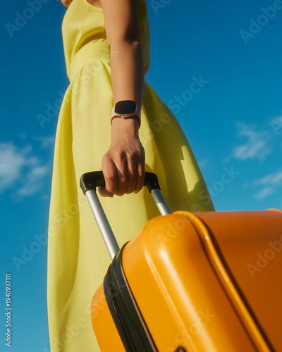 Woman in bright yellow dress pulls vibrant orange luggage under blue sky