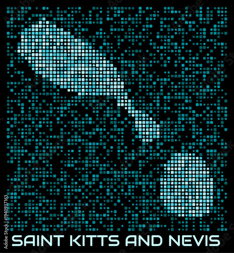 Saint Kitts and Nevis digital dotted map. Shape of the country in cyan color palette on dark background. Futuristic Saint Kitts and Nevis map design. Vector illustration.