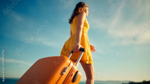 Woman in yellow dress pulling orange suitcase toward bright horizon