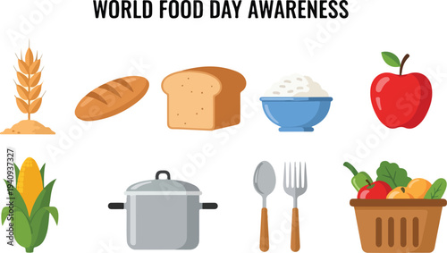 World Food Day Awareness Wheat bread rice apple corn pot spoon fork basket of fruitveggies