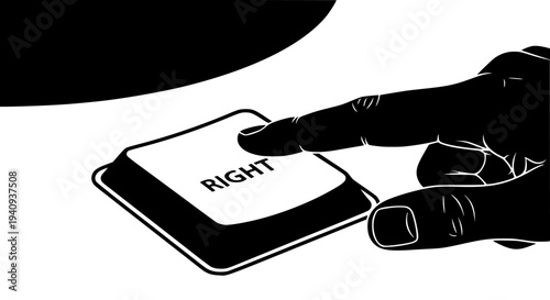 Black and white silhouette illustration depicting a human index finger powerfully pressing a large computer keyboard key labeled clearly with the word 'RIGHT' in simple bold uppercase letters.