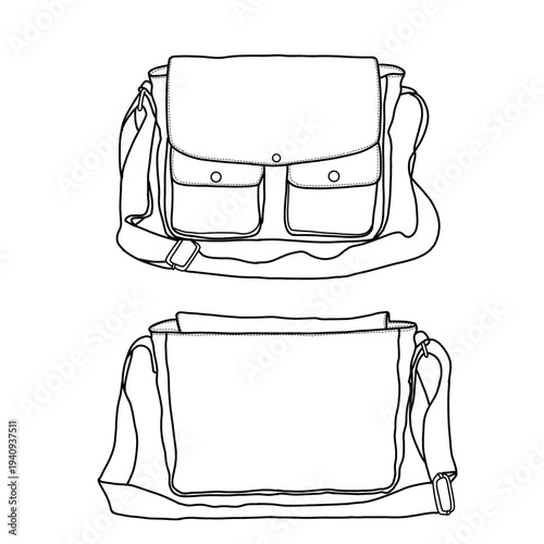 A detailed line drawing presents a messenger bag, front and back views, with pockets. Satchel bag, crossbody shoulder bag, casual sling bag. isolated on a white background