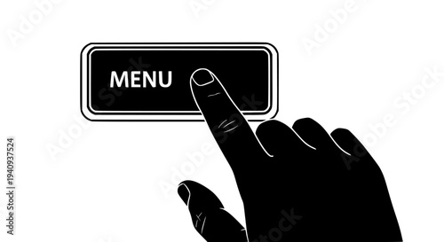 Hand pressing menu button on a clean white background, representing user interaction with digital interfaces and navigation options. This graphic concept illustrates selection, choice, and access for 