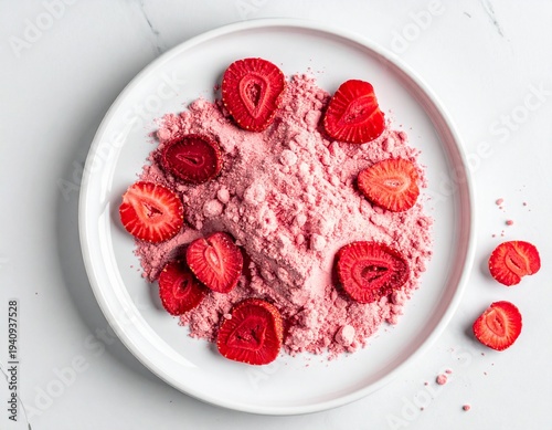 乾燥いちごのチップとフルーツパウダーのフラットレイ。無添加のスナックやトッピングの素材