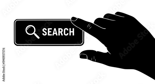 Human hand pointing index finger directly at a prominent black search button, clearly displaying a magnifying glass icon and the word "SEARCH" in bold white text, set against a pristine white backgrou