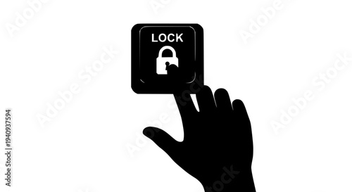 Silhouette of a human hand pressing a clearly labeled black computer keyboard key featuring a white padlock icon and the word lock for digital security activation concepts.