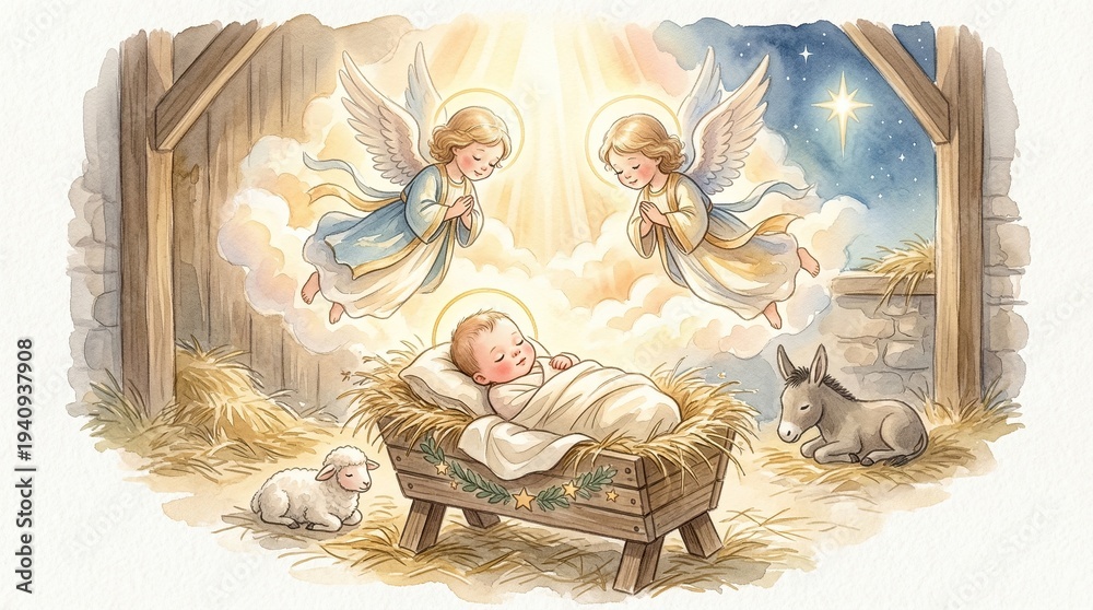 Naklejka premium Baby Jesus with soft angel light watercolor nursery illustration