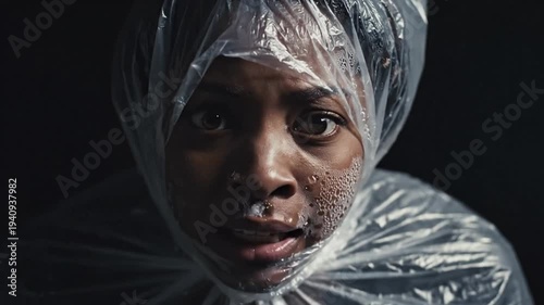 Person's Face Covered in Plastic Wrap, Feeling Suffocated and Trapped