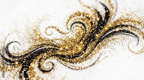 Swirling abstract pattern black shimmering gold glitter dust on bright white background, for luxury, celebration, elegance, festive decoration concepts