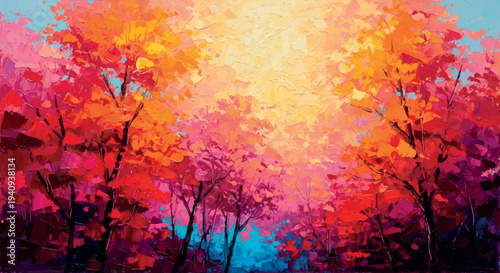 Vibrant Autumn Forest Landscape Painting Background