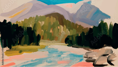 Soft Impressionist Mountain River Landscape Painting Background