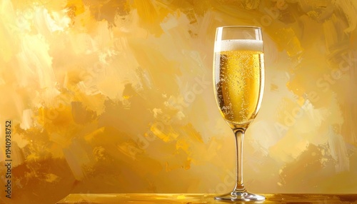 A glass of sparkling champagne with bubbles in a warm golden bokeh background