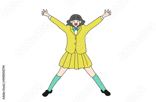 大の字でジャンプして喜ぶ女子高生のイラスト　元気と成功　手書きベクター素材