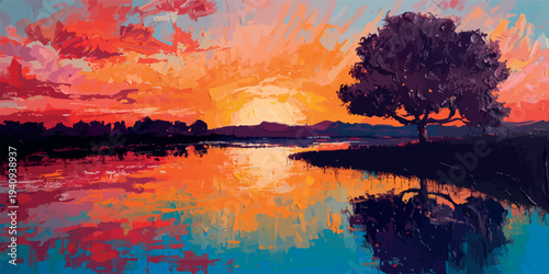 Dramatic Colorful Sunset Lake Reflection Landscape Painting